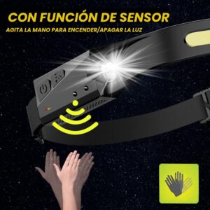 EX-002 / Linterna Frontal MANOS LIBRES – RECARGABLE USB – Sensor de Movimiento, 4 Modos de Luz